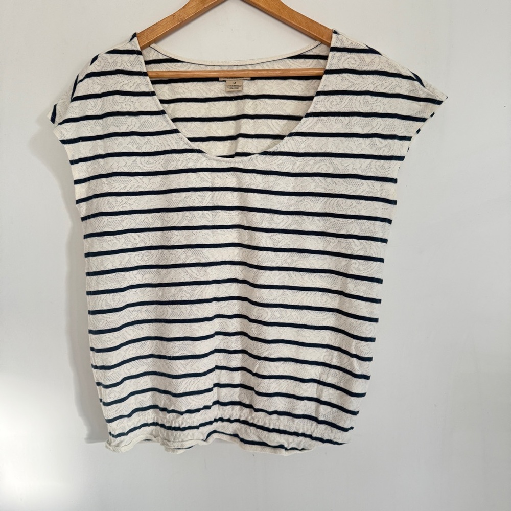 Lucky Brand Women Striped Round Neck Cap Sleeves Pullover Top Size M